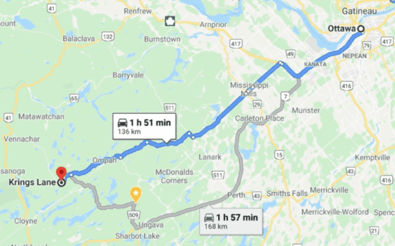 Map of distance and directions from Ottawa to Kring's Cottages