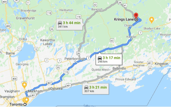 Map of distance and directions from Toronto to Kring's Cottages